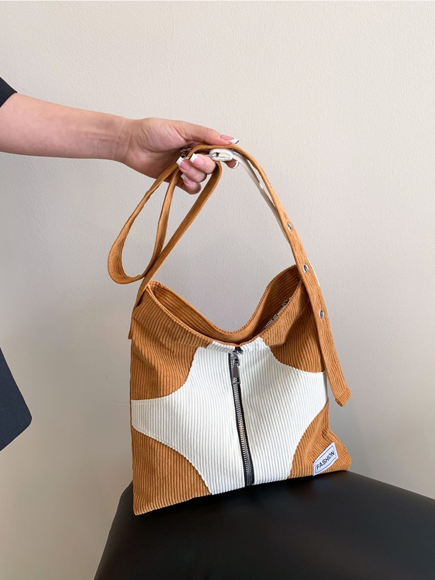 Colorblock Letter Patch Decor Hobo Bag