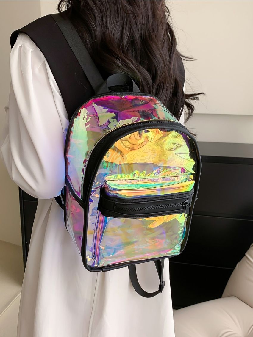Holographic Pocket Front Classic Backpack, Clear Bag