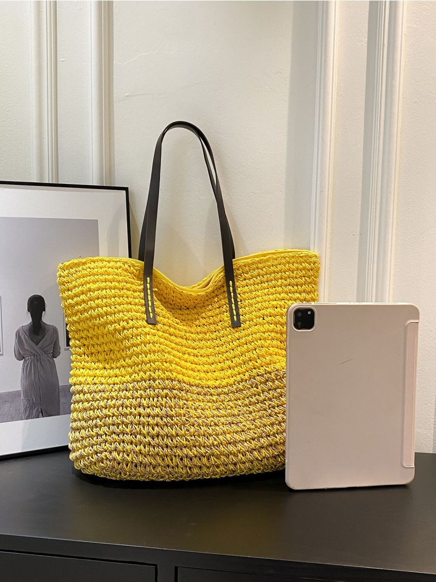 Oversized Straw Bag Vacation Color Block For Beach