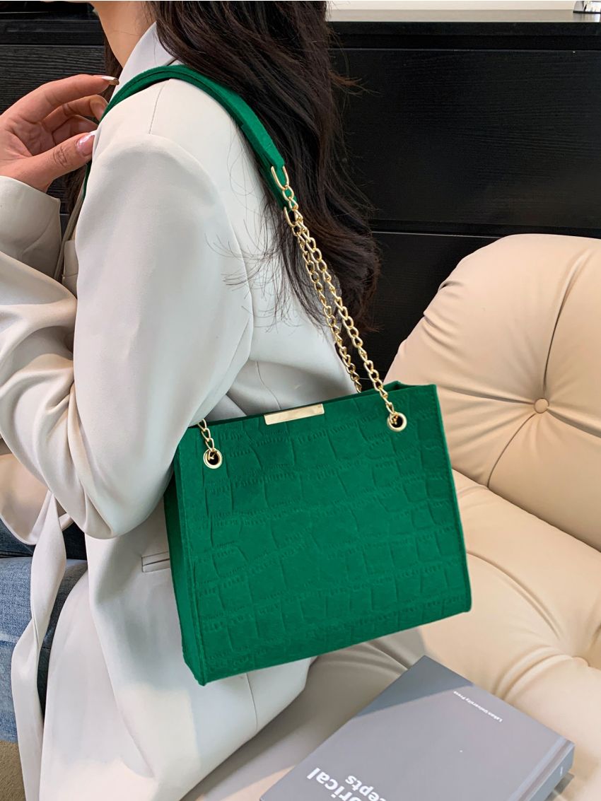Crocodile Embossed Chain Square Bag