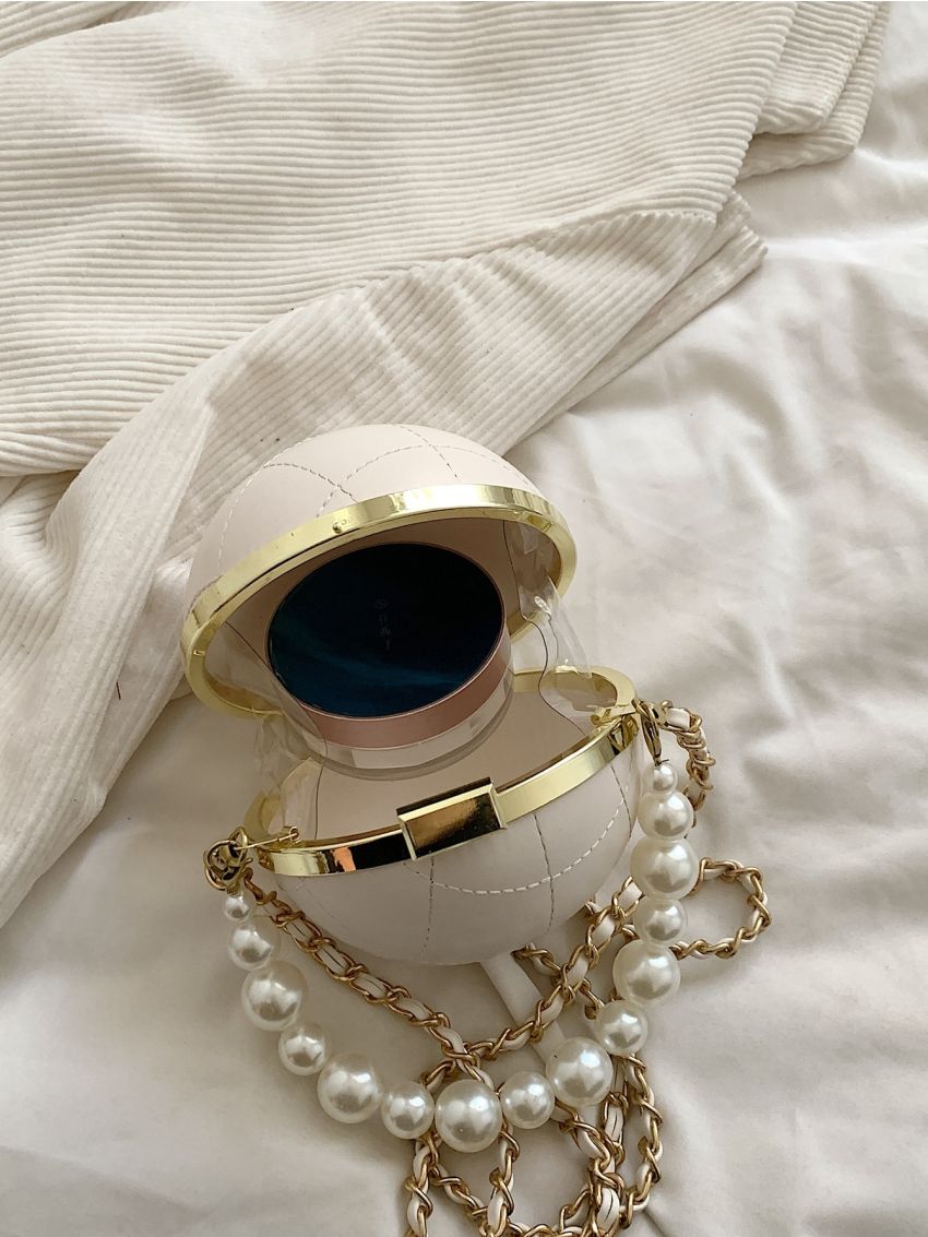 Mini Faux Pearl Decor Quilted Chain Circle Bag
