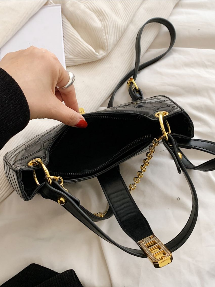 Crocodile Embossed Chain Decor Baguette Bag