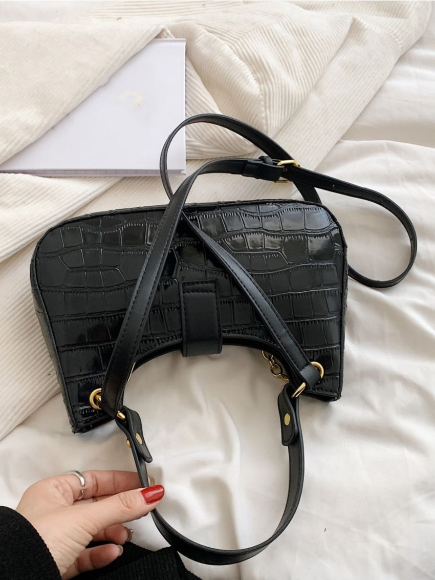 Crocodile Embossed Chain Decor Baguette Bag