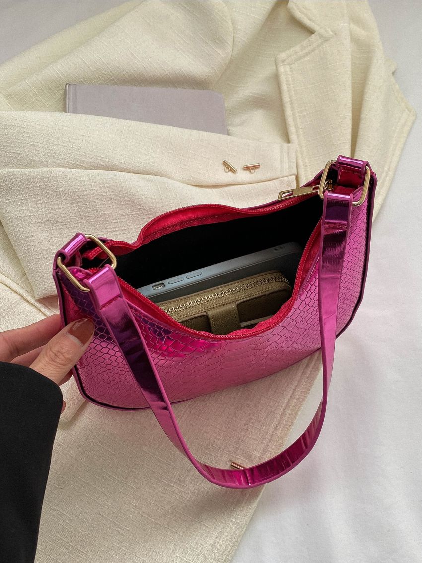 Metallic Snakeskin Embossed Saddle Bag Neon Pink