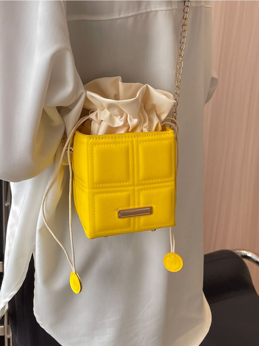 Mini Neon Blue Quilted Pattern Drawstring Design Chain Box Bag