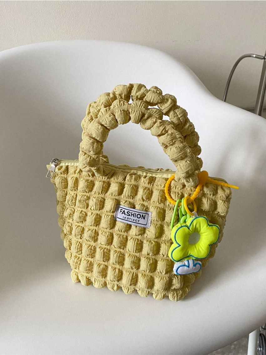 Mini Letter Patch Decor Ruched Bag With Bag Charm