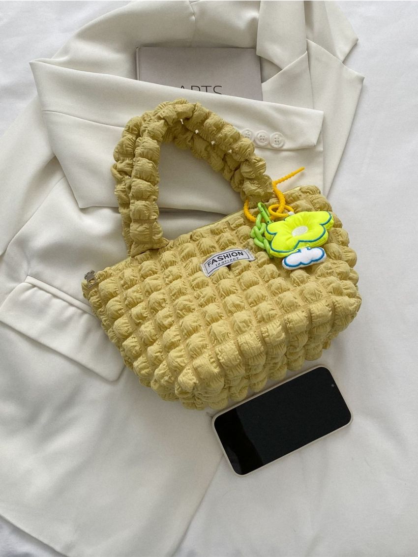 Mini Letter Patch Decor Ruched Bag With Bag Charm