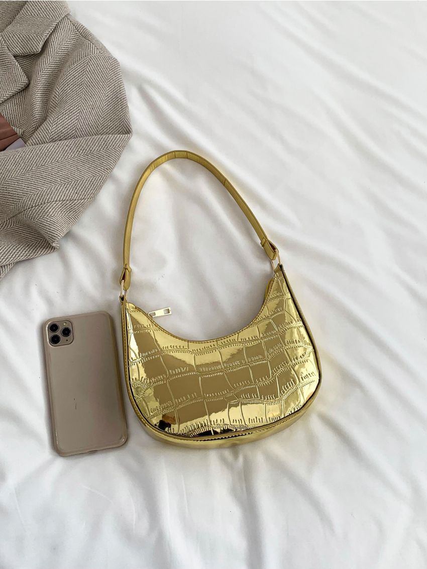 Metallic Crocodile Embossed Hobo Bag