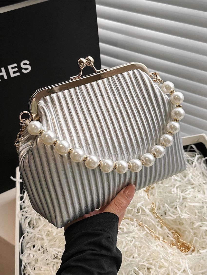 Metallic Faux Pearl Decor Kiss Lock Satchel Bag