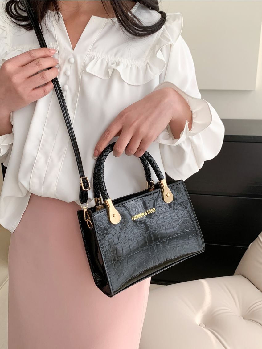 Letter Graphic Square Bag Double Handle Small Black