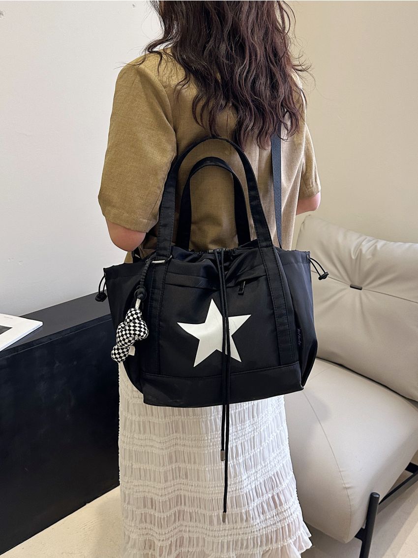 Star Pattern Shopper Bag Drawstring Design Tote Bag With Bag Charm