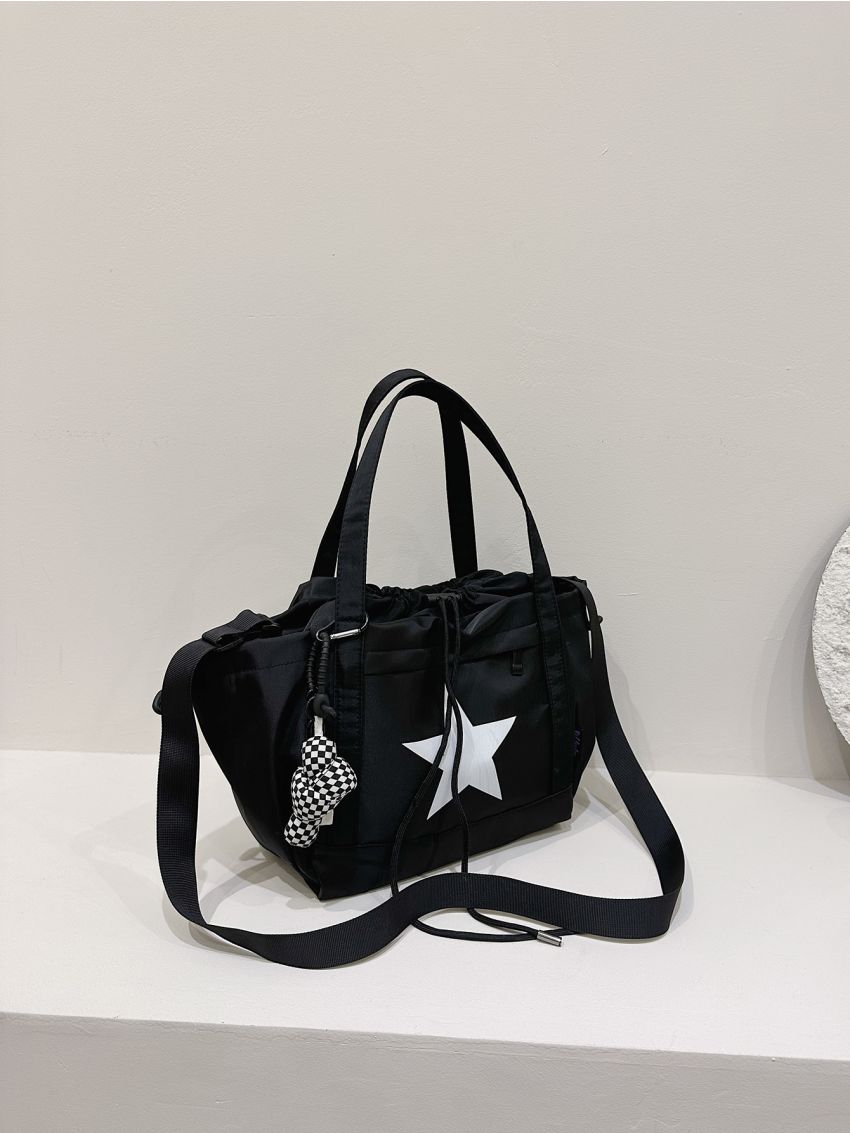 Star Pattern Shopper Bag Drawstring Design Tote Bag With Bag Charm