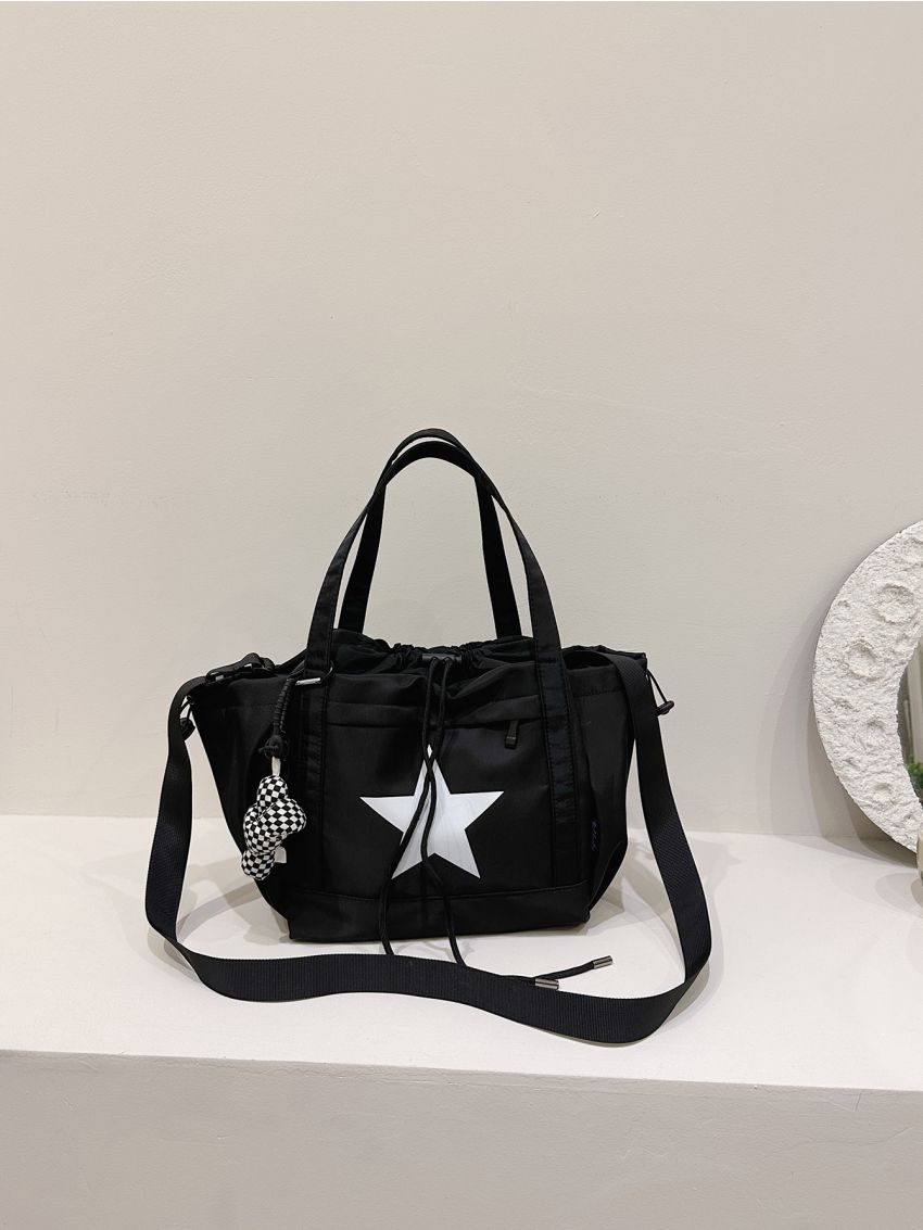 Star Pattern Shopper Bag Drawstring Design Tote Bag With Bag Charm