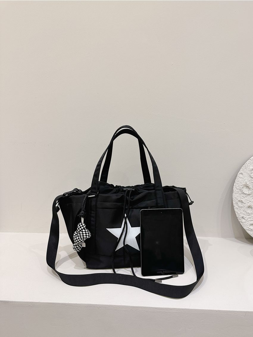 Star Pattern Shopper Bag Drawstring Design Tote Bag With Bag Charm