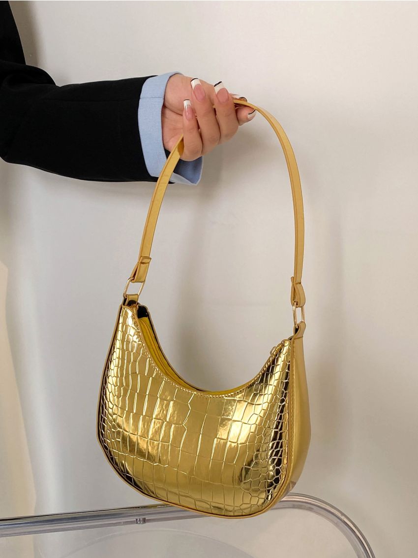 Metallic Crocodile Embossed Hobo Bag