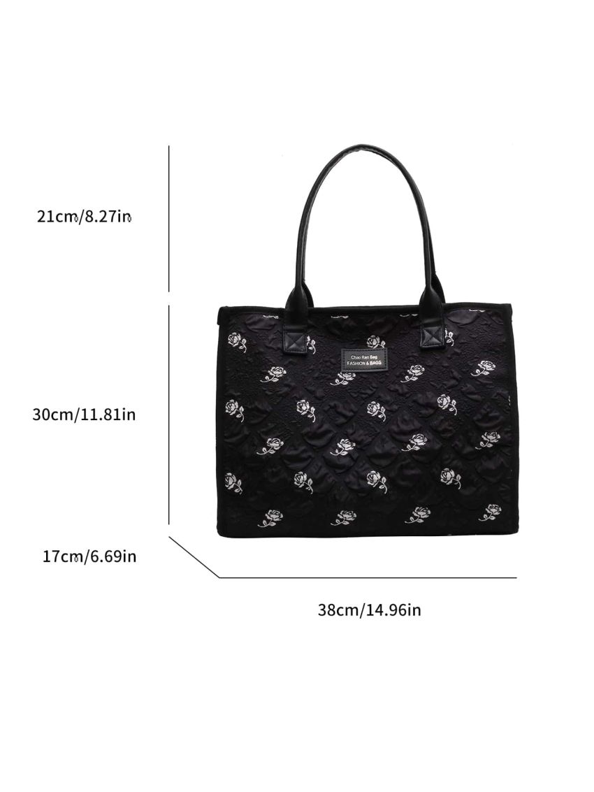 Large Capacity Tote Bag Flower Pattern Letter Patch Decor