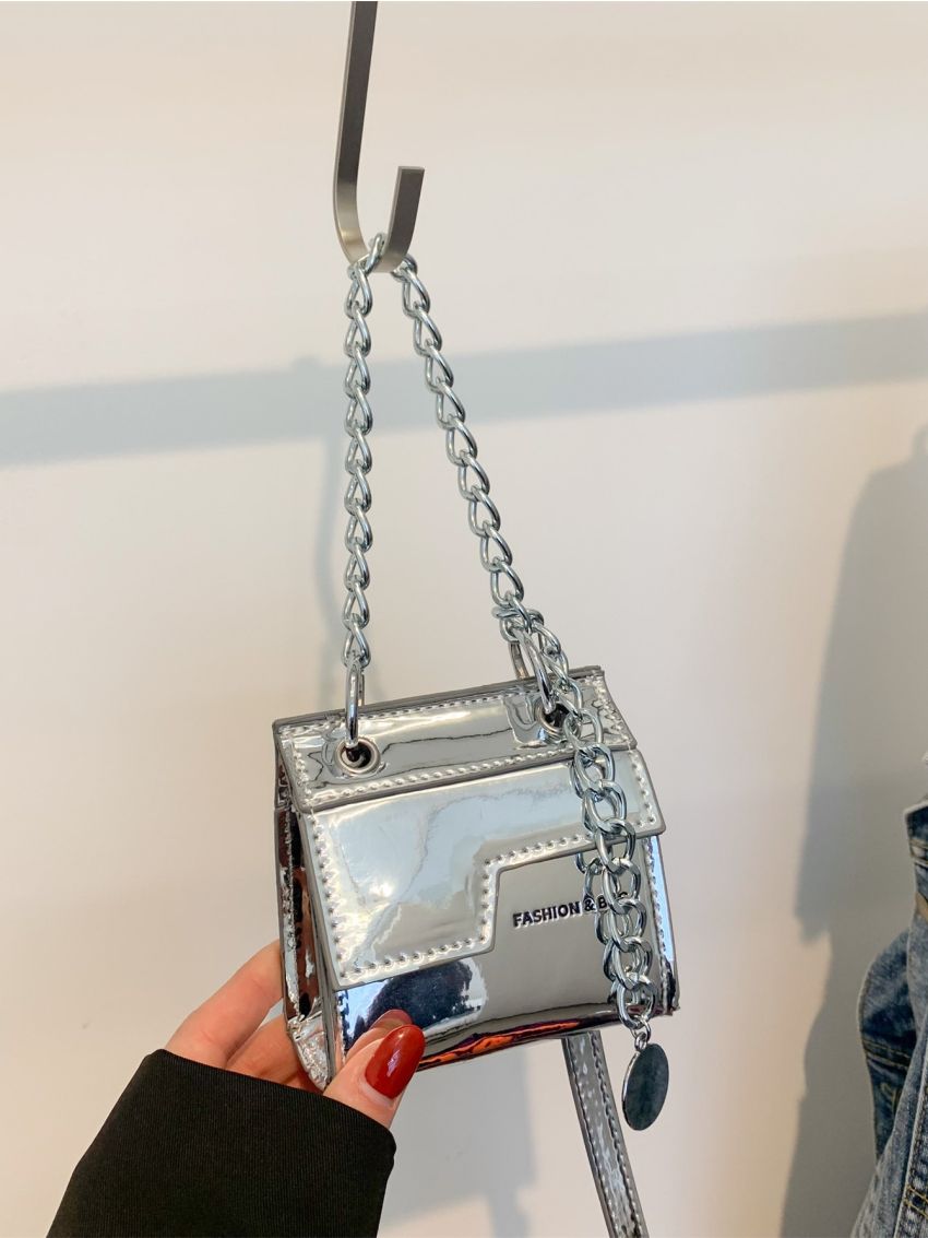 Mini Metallic Square Bag Chain Decor Flap Crossbody Bag