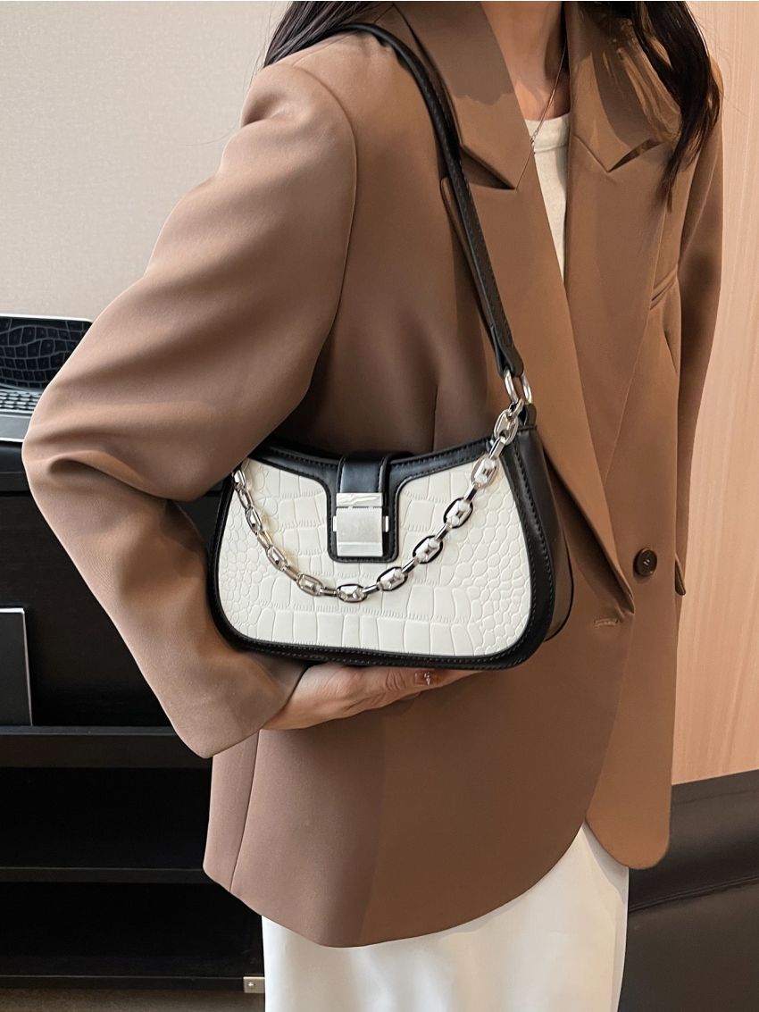 Crocodile Embossed Chain Decor Baguette Bag