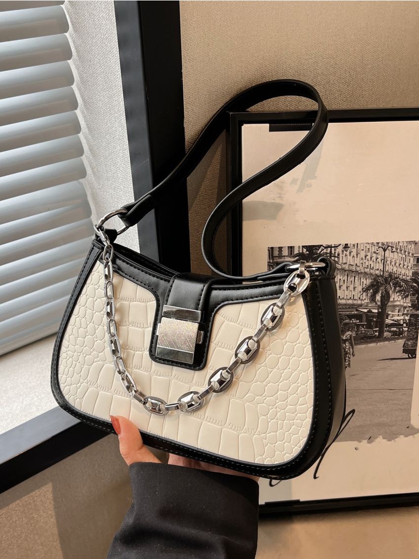 Crocodile Embossed Chain Decor Baguette Bag