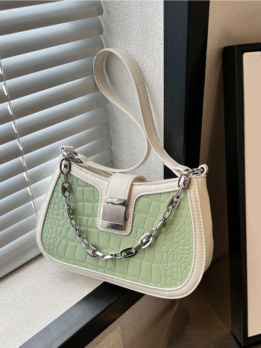 Crocodile Embossed Chain Decor Baguette Bag