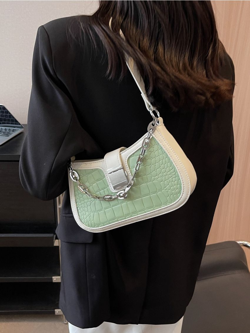 Crocodile Embossed Chain Decor Baguette Bag