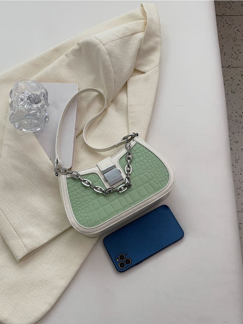 Crocodile Embossed Chain Decor Baguette Bag