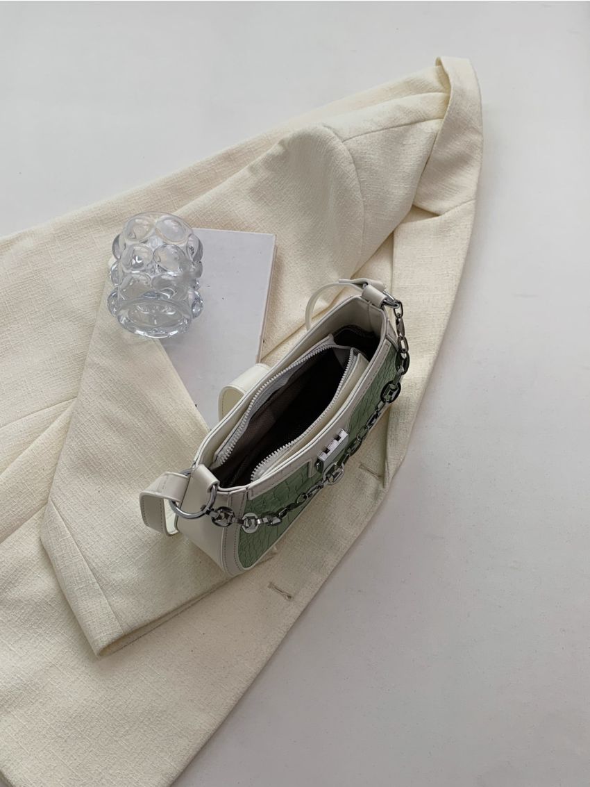 Crocodile Embossed Chain Decor Baguette Bag