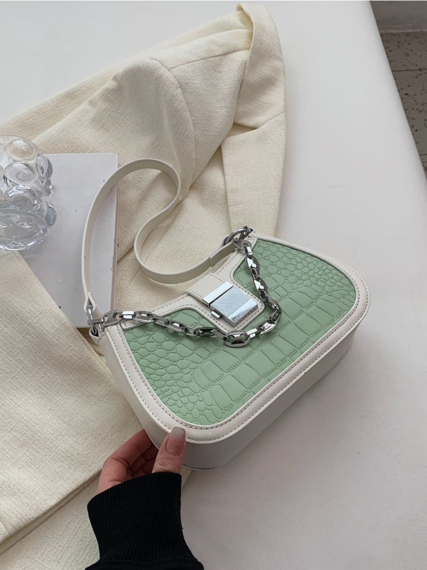 Crocodile Embossed Chain Decor Baguette Bag