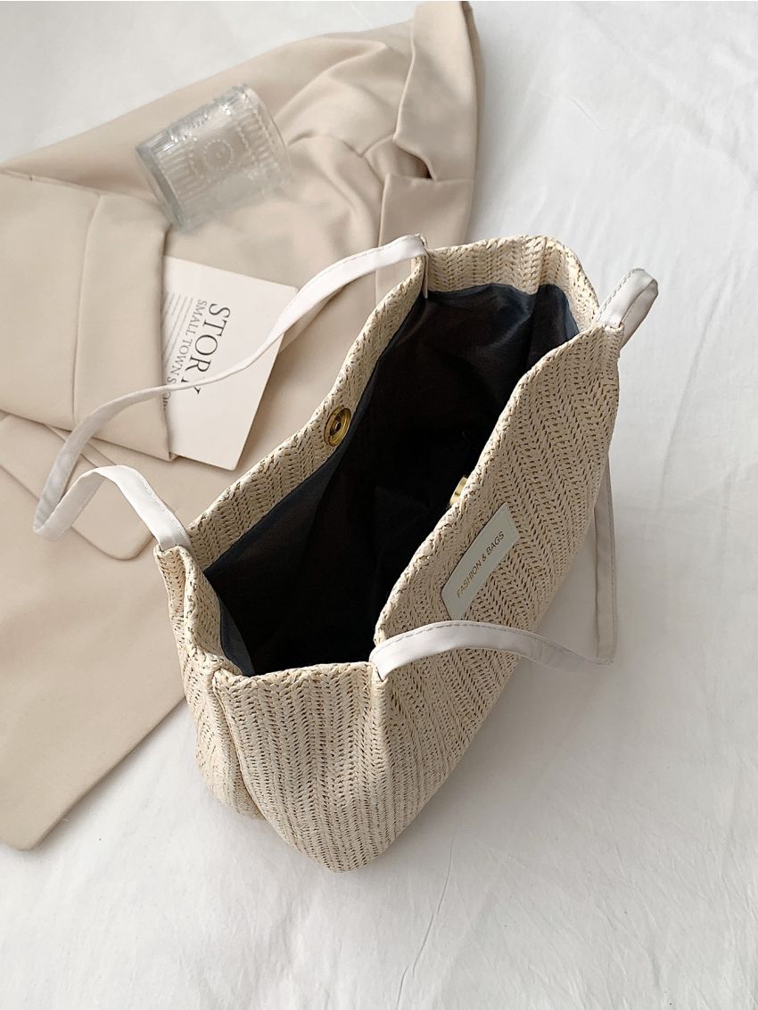 Small Straw Bag Double Handle Letter Patch Decor