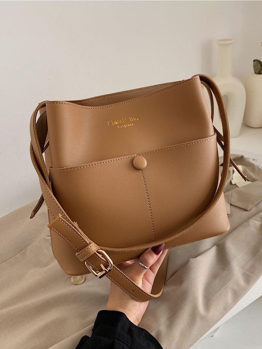 Letter Graphic Snap Button Bucket Bag