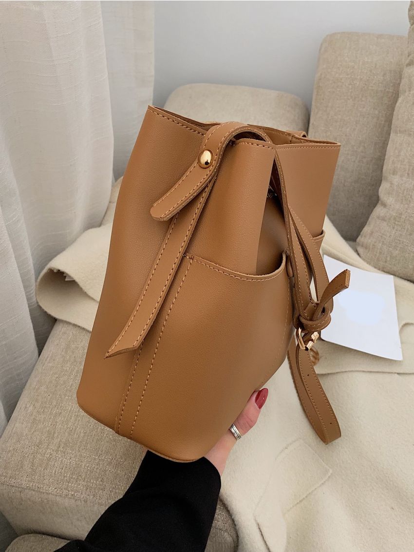 Letter Graphic Snap Button Bucket Bag