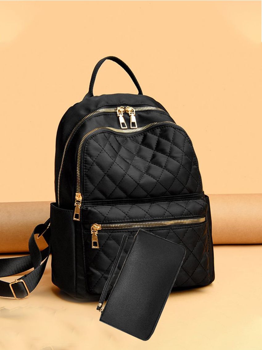 Quilted Pattern Pocket Front Backpack With Purse