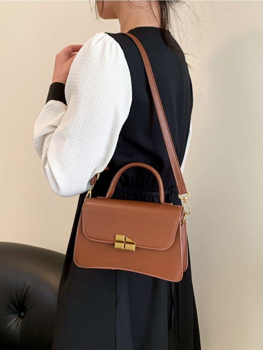 Metal Decor Square Bag Flap PU Brown