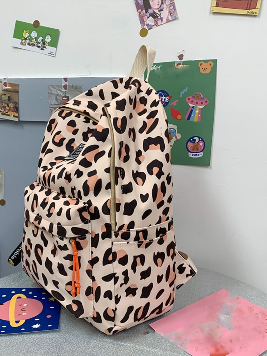 Leopard Print Fashion Backpack Letter Patch Decor Classic Backpack