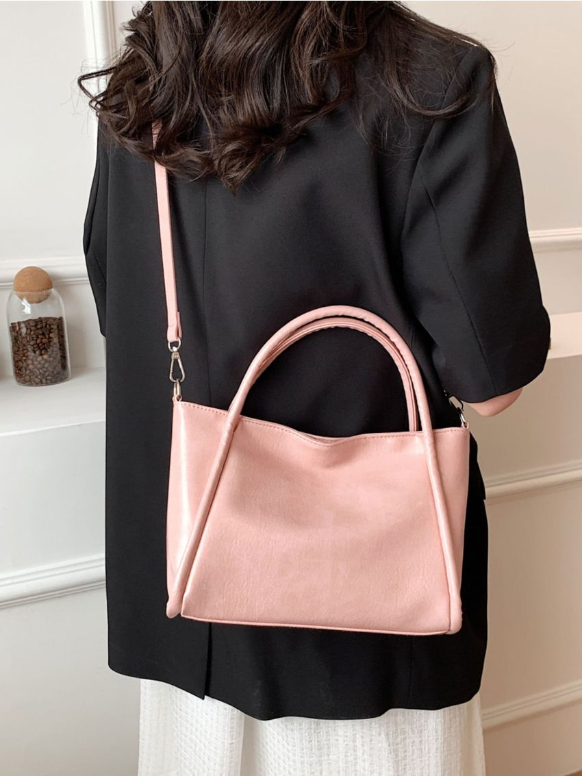 Double Handle Satchel Bag Pink PU For Daily Life