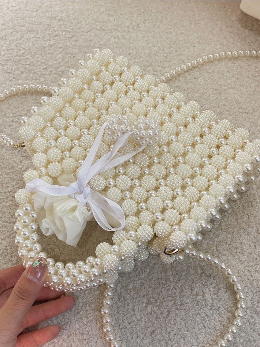 Mini Faux Pearl Decor Shoulder Bag Drawstring Square Bag
