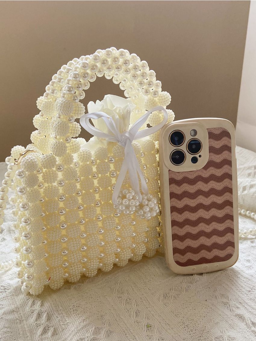 Mini Faux Pearl Decor Shoulder Bag Drawstring Square Bag