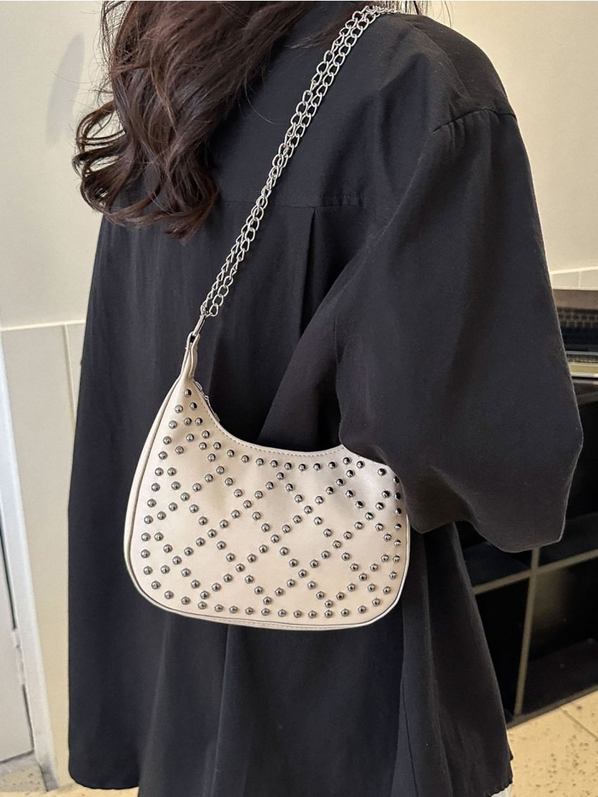 Studded Decor Chain Hobo Bag