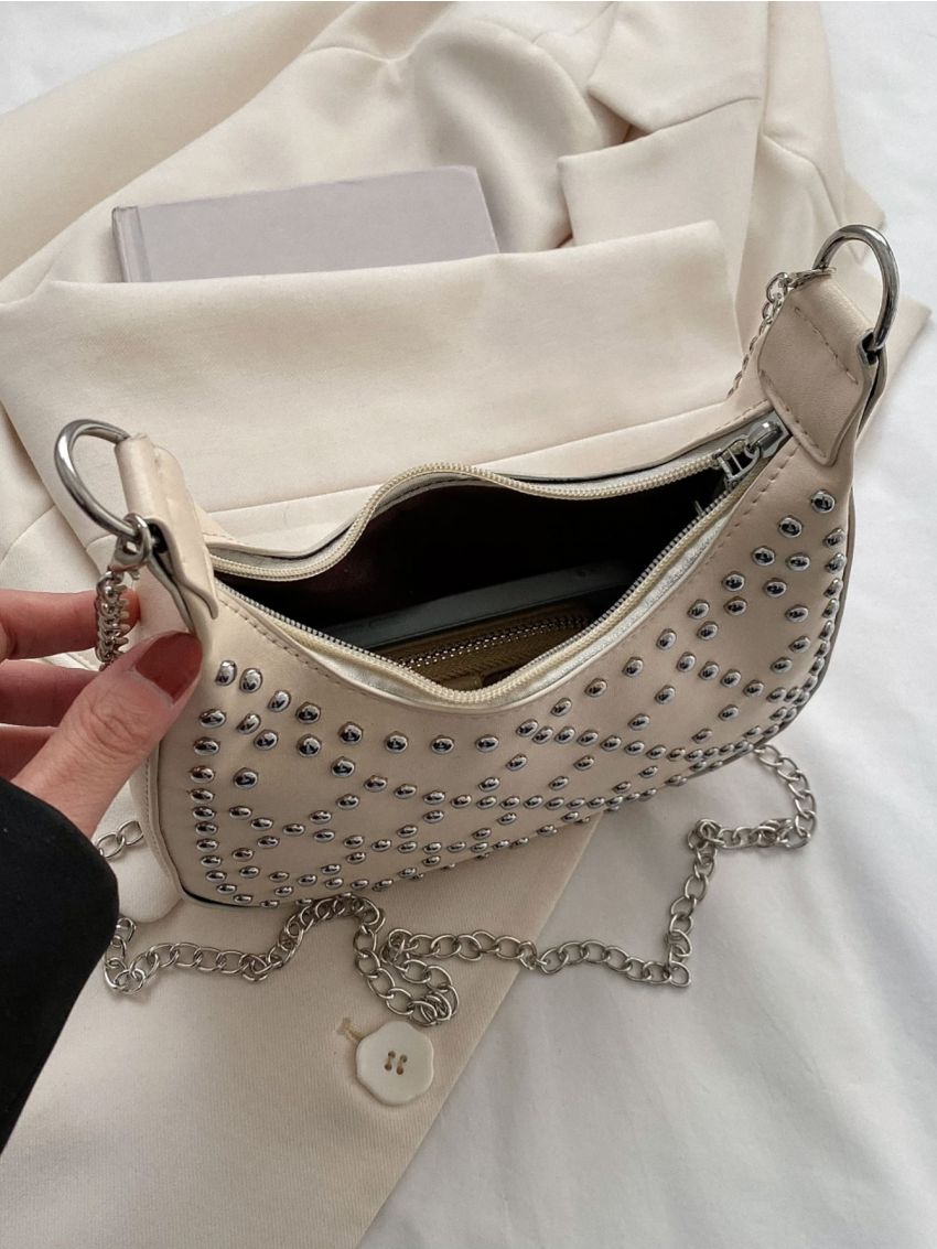Studded Decor Chain Hobo Bag