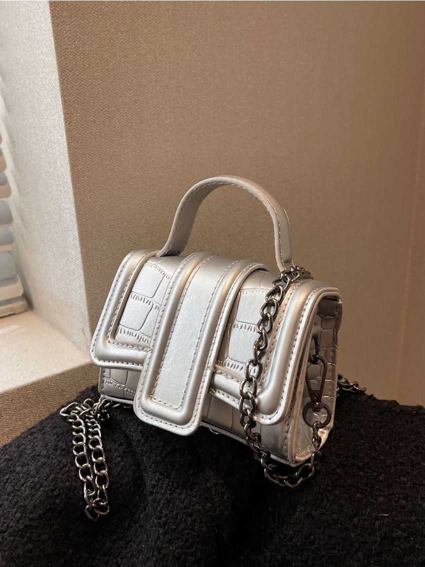 Mini Metallic Crocodile Embossed Flap Chain Square Bag