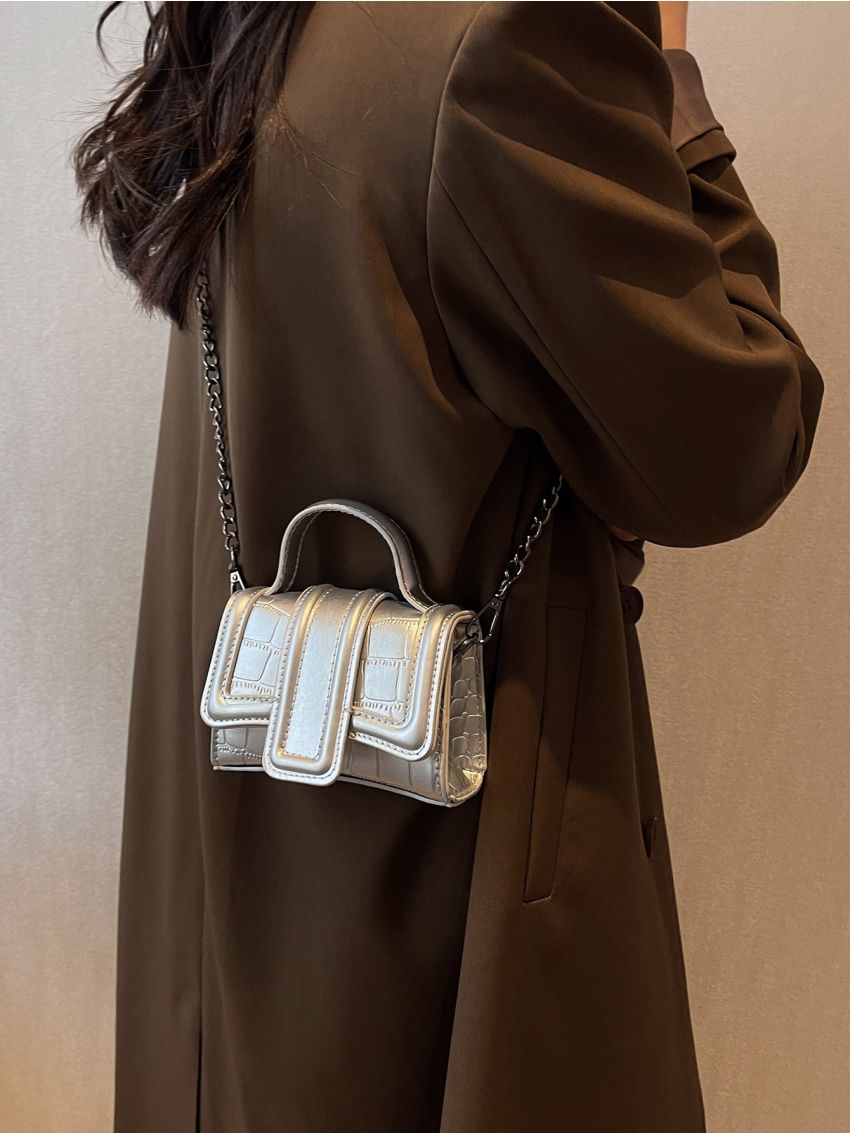 Mini Metallic Crocodile Embossed Flap Chain Square Bag