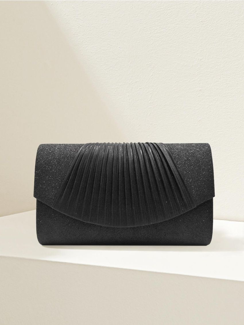 Glitter Pleated Detail Flap Square Bag