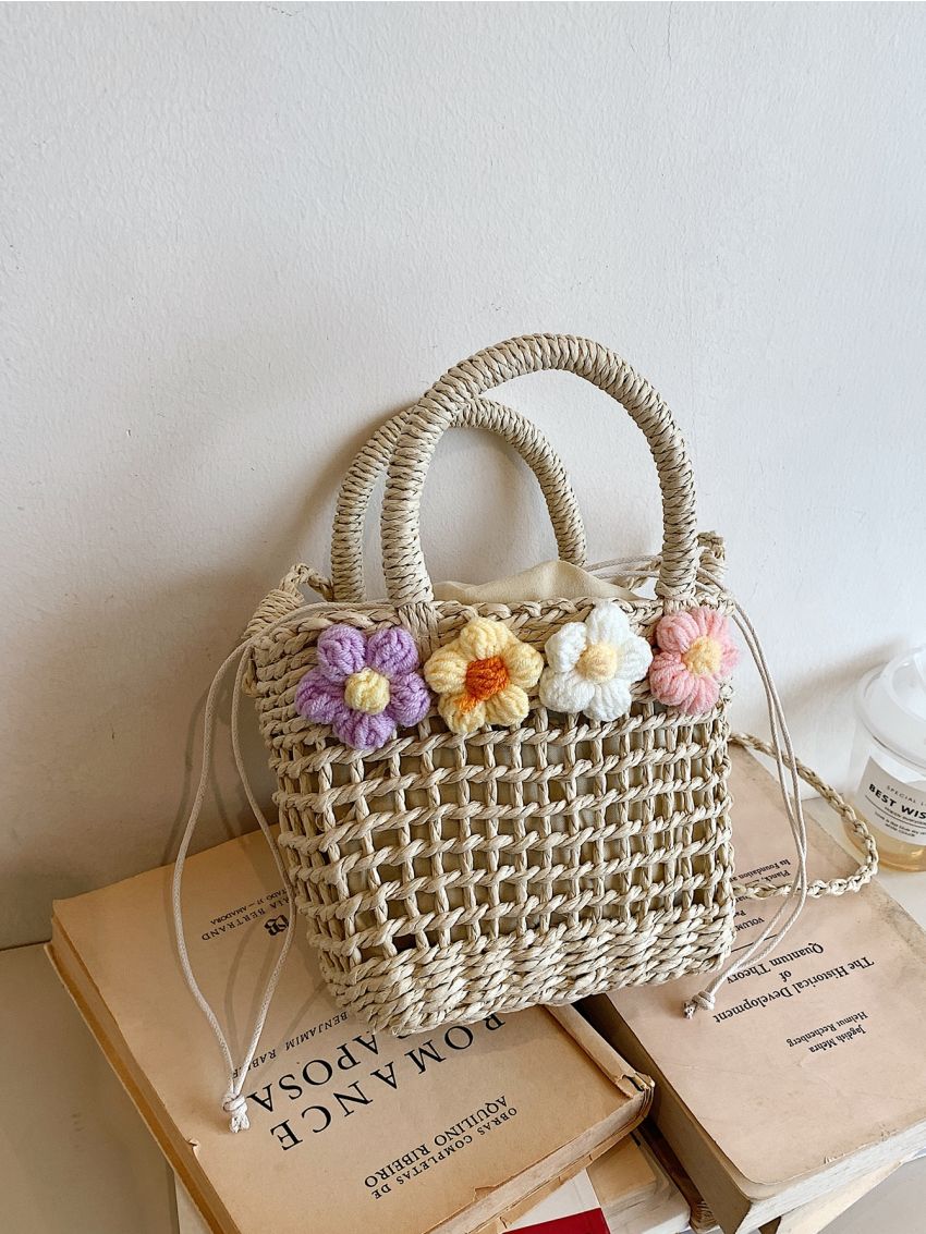 Mini Flower Decor Drawstring Design Straw Bag