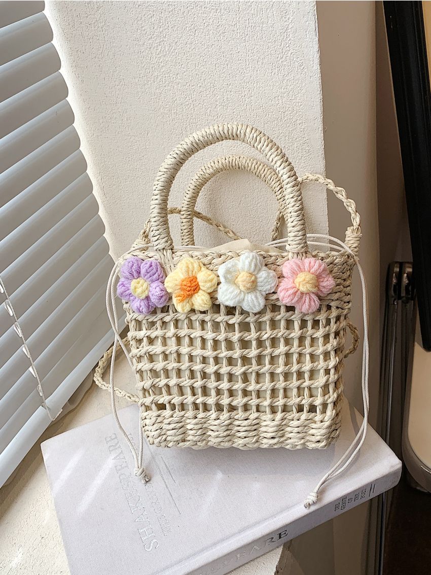 Mini Flower Decor Drawstring Design Straw Bag