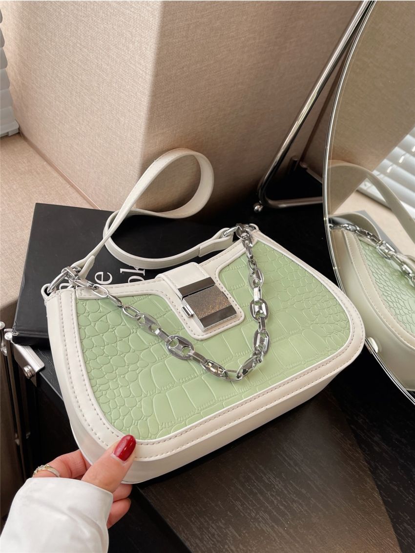 Crocodile Embossed Chain Decor Baguette Bag