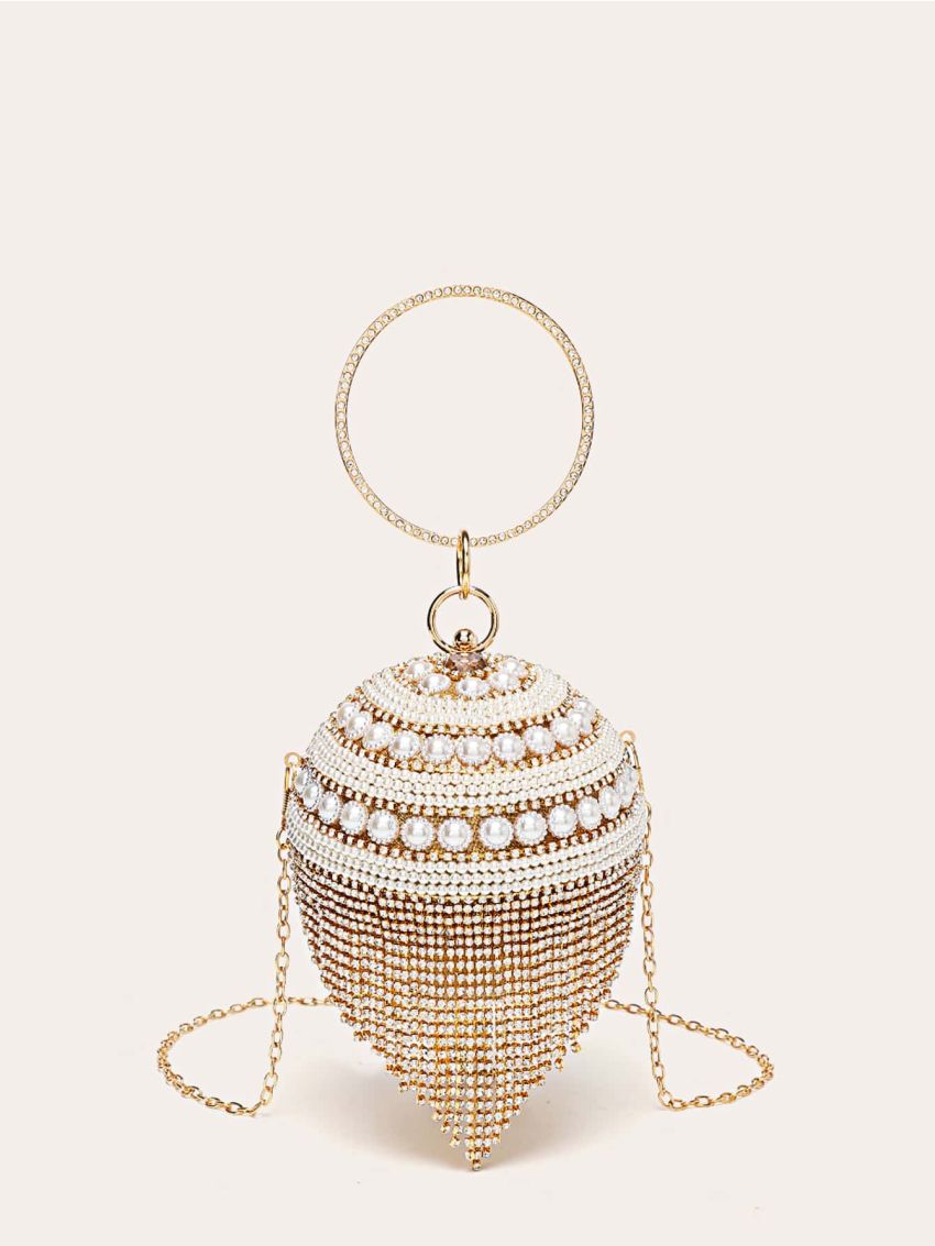 Mini Rhinestone Tassel & Faux Pearl Decor Circle Bag