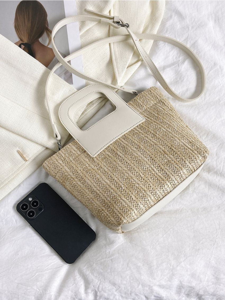 Two Tone Straw Bag Double Handle Vacation For Daily Life