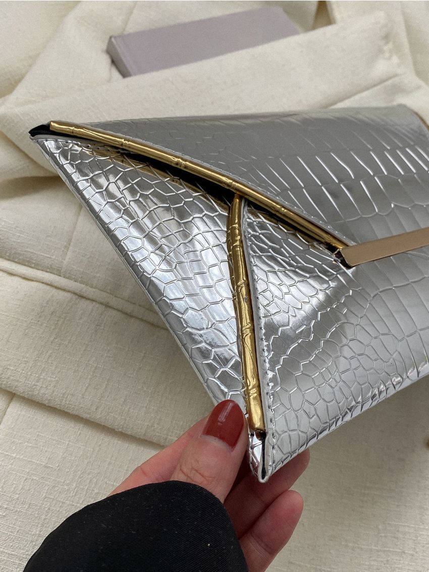 Metallic Crocodile Embossed Contrast Binding Envelope Bag