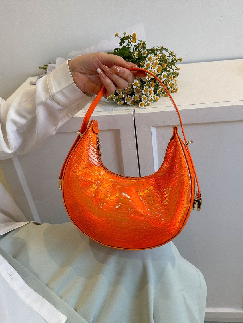 Mini Neon Orange Snakeskin Embossed Hobo Bag
