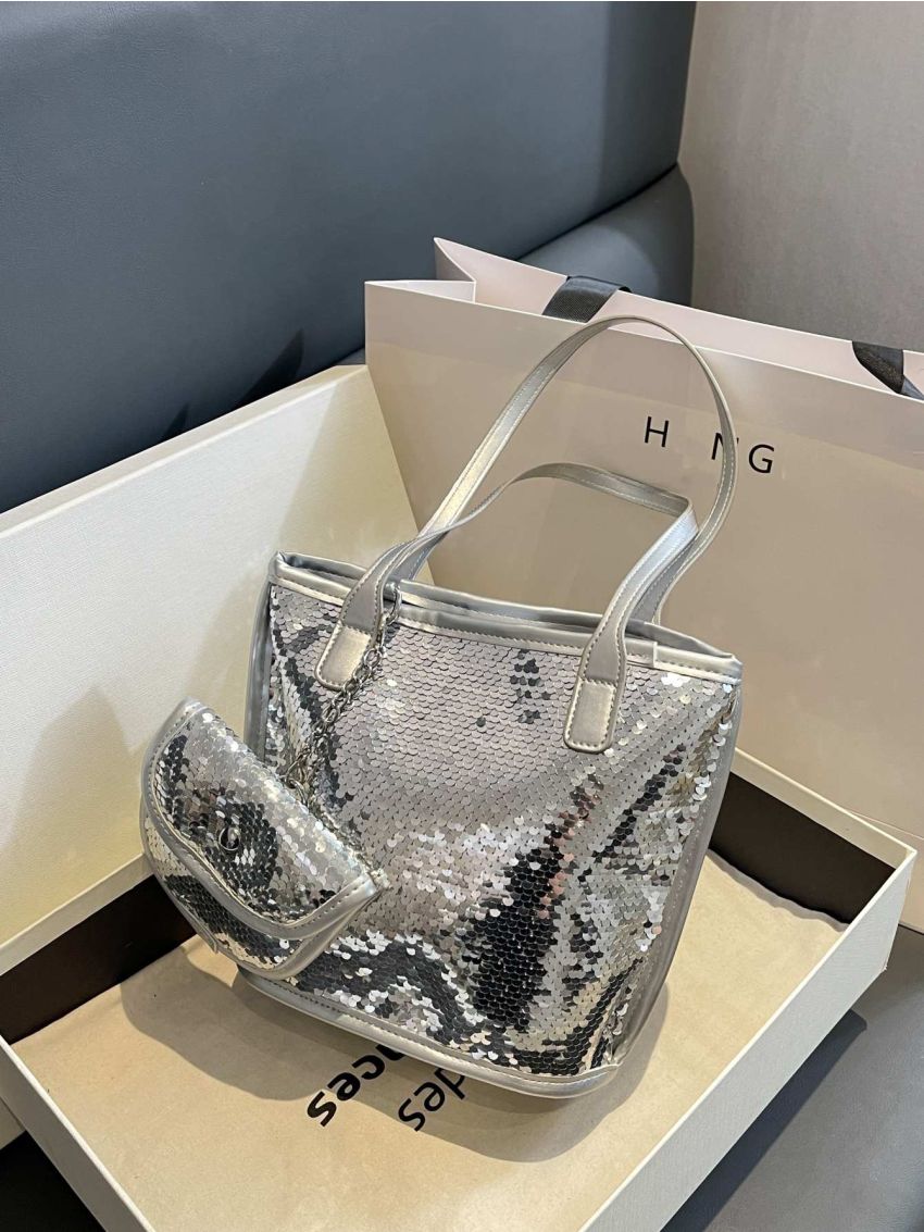 Silver Square Bag Sequins Decor With Coin Purse For Party